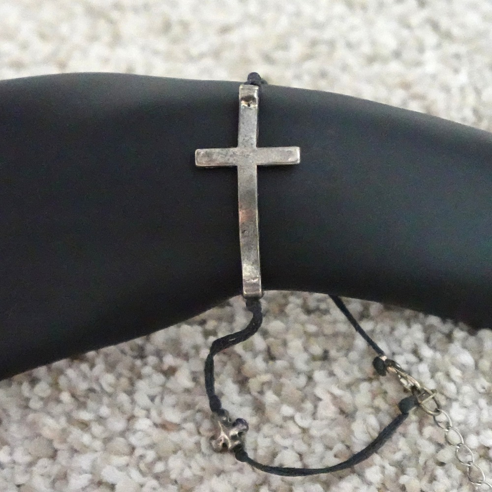 Sideways Curved Cross Pendant Black Cord Choker Necklace Silver Tone Adjustable